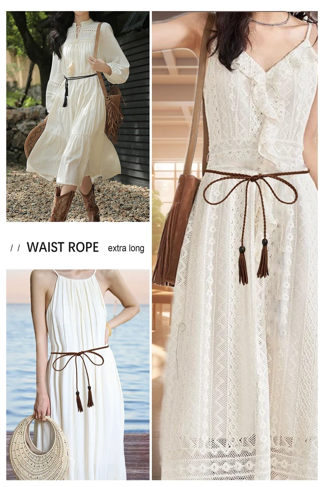 Alt view image 4 of 7 - TeeYee Women's Fashion Belt Set AdjustableLeather Woven Knitted Waist Belt/Rope/Chain Belt Tassel Rope Skinny Belt for Skirt Dress Party Pack of 3 018blacktancoffee