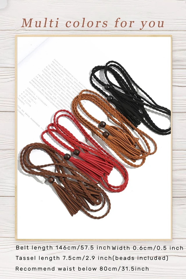 Alt view image 7 of 7 - TeeYee Women's Fashion Belt Set AdjustableLeather Woven Knitted Waist Belt/Rope/Chain Belt Tassel Rope Skinny Belt for Skirt Dress Party Pack of 3 018blacktancoffee