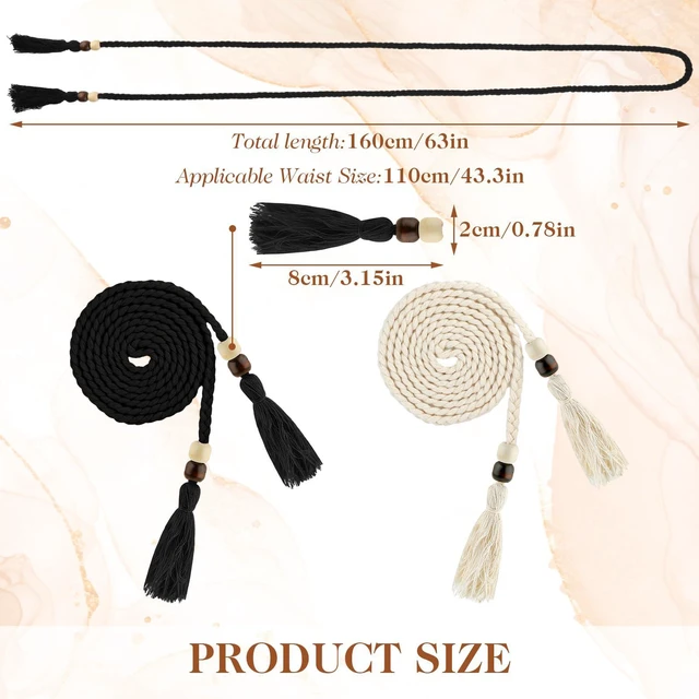 Alt view image 2 of 7 - 2 PCS Women's Skinny Tassel Waist Belt with Wooden Beads, Black + White Thin Woven Waist Rope Belt for Women Girls Godness Boho Braided Waist Belt Rope Chain for Thin Dresses Skirts Tunics