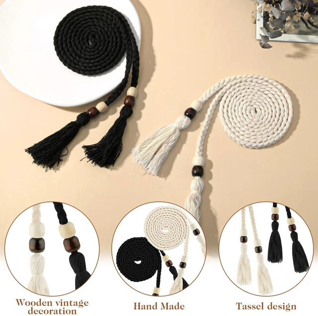 Alt view image 3 of 7 - 2 PCS Women's Skinny Tassel Waist Belt with Wooden Beads, Black + White Thin Woven Waist Rope Belt for Women Girls Godness Boho Braided Waist Belt Rope Chain for Thin Dresses Skirts Tunics