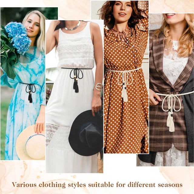 Alt view image 4 of 7 - 2 PCS Women's Skinny Tassel Waist Belt with Wooden Beads, Black + White Thin Woven Waist Rope Belt for Women Girls Godness Boho Braided Waist Belt Rope Chain for Thin Dresses Skirts Tunics