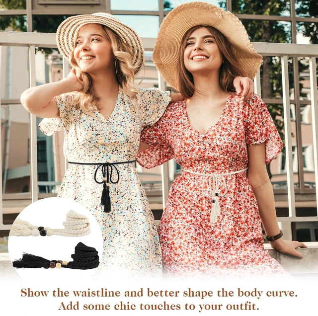 Alt view image 5 of 7 - 2 PCS Women's Skinny Tassel Waist Belt with Wooden Beads, Black + White Thin Woven Waist Rope Belt for Women Girls Godness Boho Braided Waist Belt Rope Chain for Thin Dresses Skirts Tunics