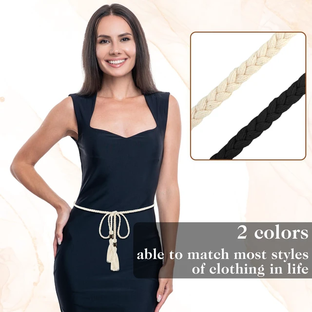 Alt view image 6 of 7 - 2 PCS Women's Skinny Tassel Waist Belt with Wooden Beads, Black + White Thin Woven Waist Rope Belt for Women Girls Godness Boho Braided Waist Belt Rope Chain for Thin Dresses Skirts Tunics