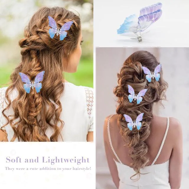 Alt view image 4 of 7 - YQSLBULKY Butterfly Hair Clips, 2Pcs Blue-Purple Gradient 3D Moving Wings Butterfly Clips for Hair with Non-Slip Alligator Clip, Durable Tulle Hair Accessories for Women Ladies Festivals Party