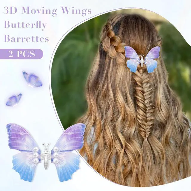 Alt view image 3 of 7 - YQSLBULKY Butterfly Hair Clips, 2Pcs Blue-Purple Gradient 3D Moving Wings Butterfly Clips for Hair with Non-Slip Alligator Clip, Durable Tulle Hair Accessories for Women Ladies Festivals Party
