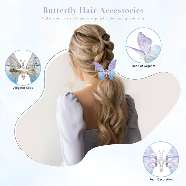 Alt view image 6 of 7 - YQSLBULKY Butterfly Hair Clips, 2Pcs Blue-Purple Gradient 3D Moving Wings Butterfly Clips for Hair with Non-Slip Alligator Clip, Durable Tulle Hair Accessories for Women Ladies Festivals Party