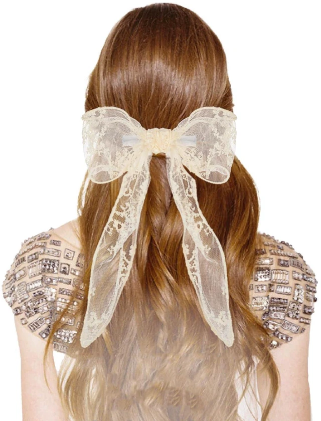 Main image of WLLHYF Lace Hair Bow Clips for Women, Large White Hair Ribbons Cute Tulle Bow Barrettes Bowknot Aesthetic Clips Hair Accessories for Women Girls Bridal (Beige)