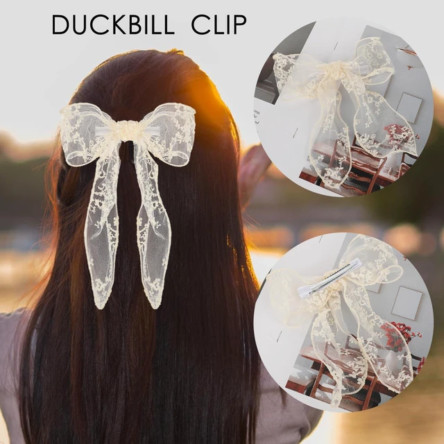 Alt view image 3 of 7 - WLLHYF Lace Hair Bow Clips for Women, Large White Hair Ribbons Cute Tulle Bow Barrettes Bowknot Aesthetic Clips Hair Accessories for Women Girls Bridal (Beige)