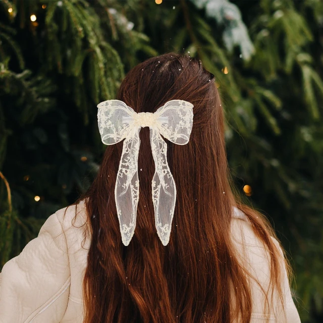 Alt view image 4 of 7 - WLLHYF Lace Hair Bow Clips for Women, Large White Hair Ribbons Cute Tulle Bow Barrettes Bowknot Aesthetic Clips Hair Accessories for Women Girls Bridal (Beige)