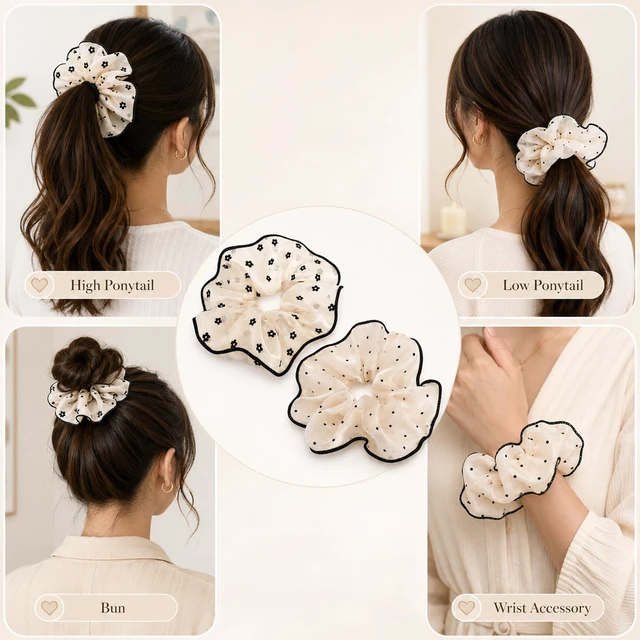 Alt view image 2 of 7 - 2Pcs Polka Dots Hair Ties for Women Fashion 1950s Large Ponytail Scrunchies