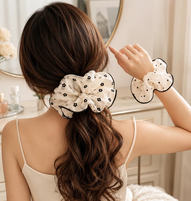 Alt view image 6 of 7 - 2Pcs Polka Dots Hair Ties for Women Fashion 1950s Large Ponytail Scrunchies
