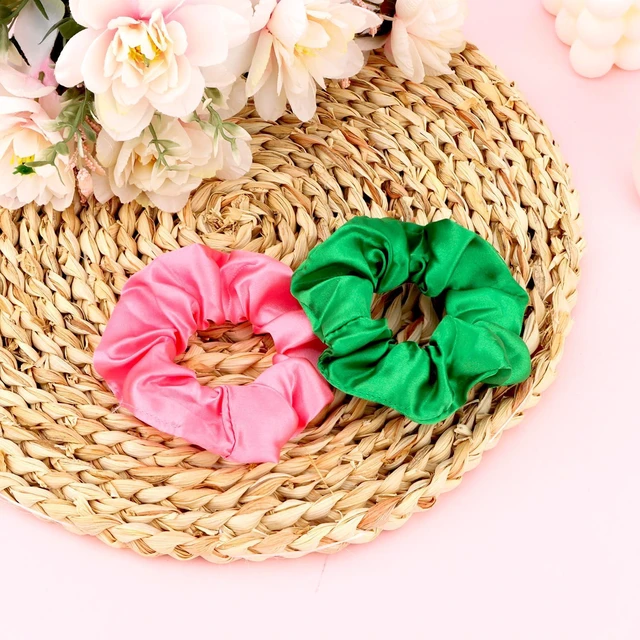 Alt view image 2 of 7 - Satin Scrunchies 2 Pcs Hair Ties Scrunchies for Women Girls Hair Accessories Elastic Hair Ponytail Holder (pink+green)