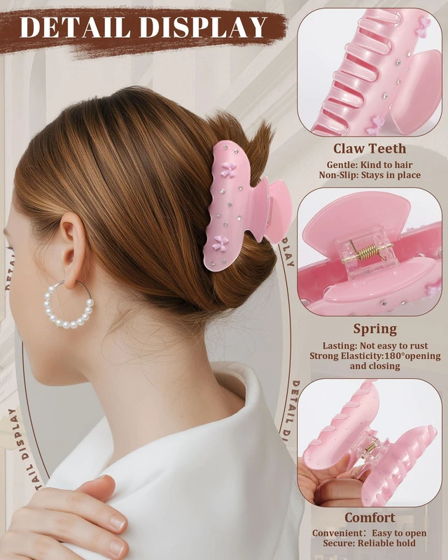 Alt view image 3 of 6 - Ufgin 2 PCS Acrylic Hair Claw Clips for Women Bow Strong Hold Claw Clips Medium Non-slip Cute Hair Clips for Thick Thin HairBlue+Pink