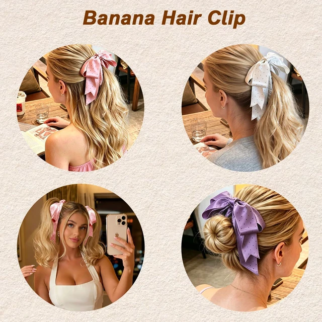 Alt view image 4 of 7 - FidesAmor Banana Hair Clips for Women, Cute Satin Polka Dots Hair Bow, Hair Claw Clips Styling Accessories for Thick & Thin Hair (Purple)