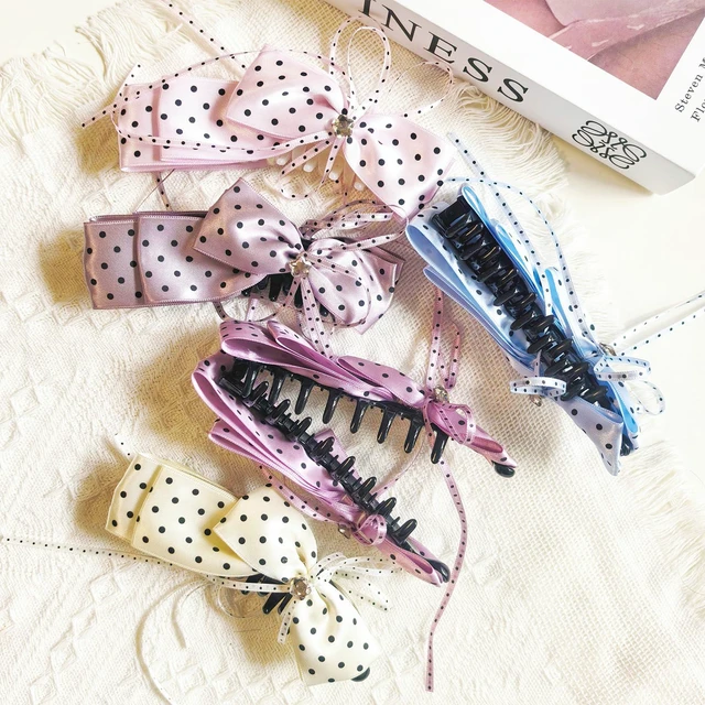 Alt view image 7 of 7 - FidesAmor Banana Hair Clips for Women, Cute Satin Polka Dots Hair Bow, Hair Claw Clips Styling Accessories for Thick & Thin Hair (Purple)