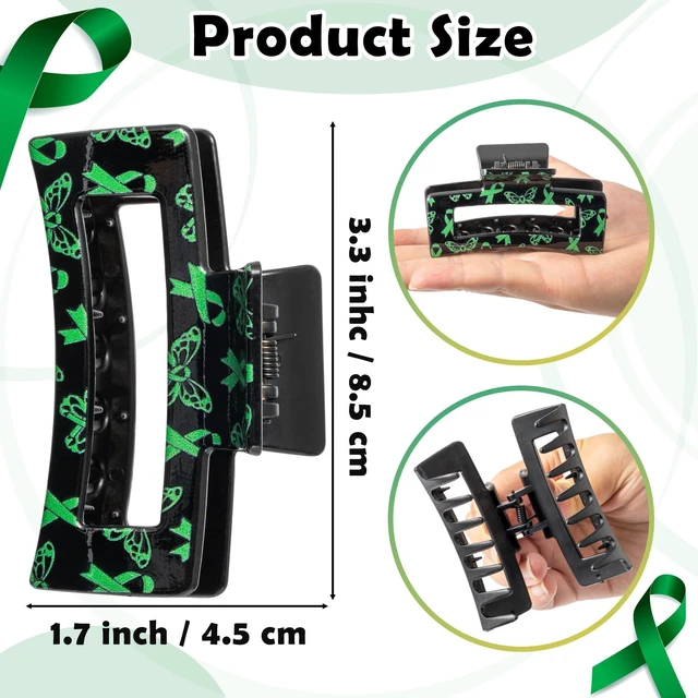 Alt view image 2 of 7 - PANTIDE 4Pcs Mental Health Awareness Hair Claw Clips for Women Girls - Green Ribbon Mental Health Month Rectangle Nonslip Banana Hair Clips, Thin Thick Short Long Curly Accessories, Events Party Gifts