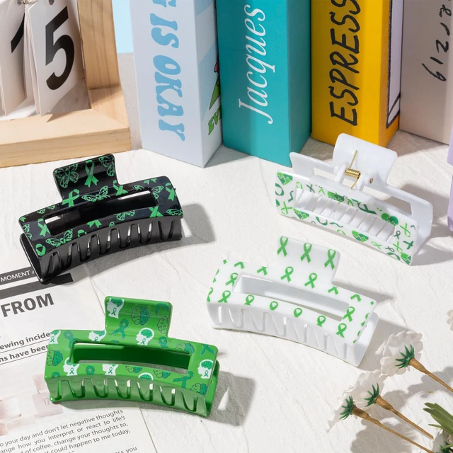 Alt view image 4 of 7 - PANTIDE 4Pcs Mental Health Awareness Hair Claw Clips for Women Girls - Green Ribbon Mental Health Month Rectangle Nonslip Banana Hair Clips, Thin Thick Short Long Curly Accessories, Events Party Gifts