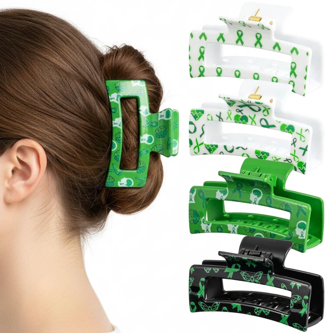 Main image of PANTIDE 4Pcs Mental Health Awareness Hair Claw Clips for Women Girls - Green Ribbon Mental Health Month Rectangle Nonslip Banana Hair Clips, Thin Thick Short Long Curly Accessories, Events Party Gifts