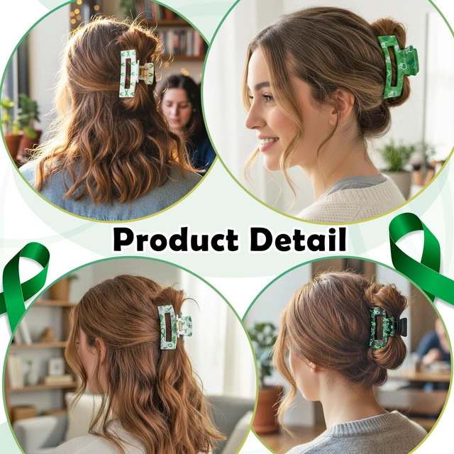Alt view image 5 of 7 - PANTIDE 4Pcs Mental Health Awareness Hair Claw Clips for Women Girls - Green Ribbon Mental Health Month Rectangle Nonslip Banana Hair Clips, Thin Thick Short Long Curly Accessories, Events Party Gifts