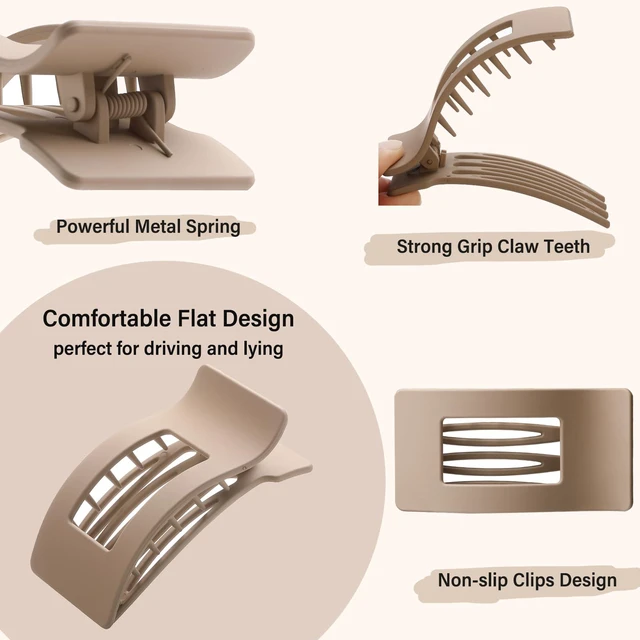 Alt view image 3 of 7 - 4 Pack Flat Hair Clips for Women, Large French Rectangle Lay Flat Claw Clips for Thick Thin Hair, Strong Hold No Crease Matte Hair Styling Accessories (Brown)