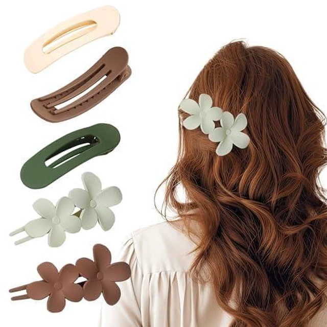 Main image of Small Flat Claw Clips for Fine Hair, 5 Pcs, Non-Slip Strong Hold | Flat Hair Clips for Women, Matte Finish, Flower & Oval Set, Close-To-Head Low Profile, Lightweight for Twists, Half-Up & Buns