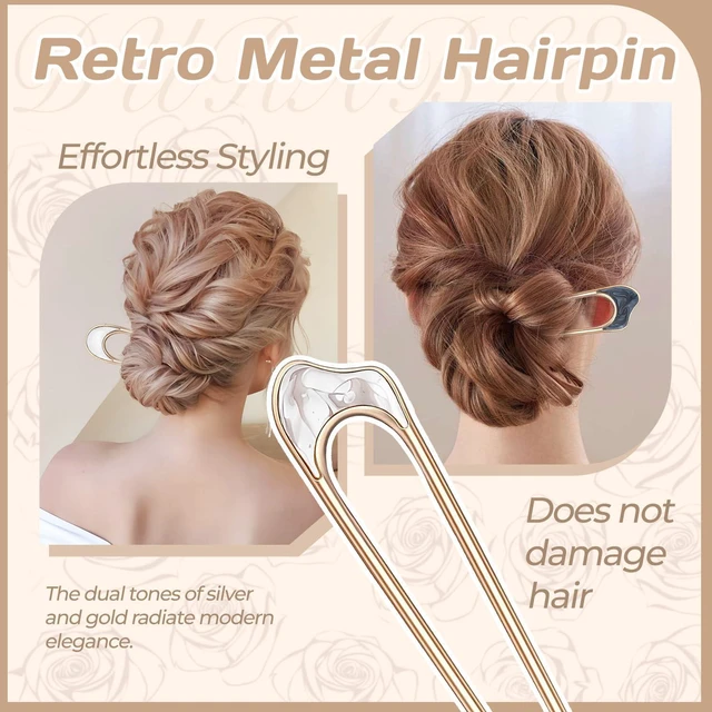 Alt view image 5 of 7 - 4PCS U Shaped Hair Fork,French Hair Pins for Women,Metal Vintage Hair Sticks for French Twist Hair,Hairstyle Chignon of Elegant Hairstyles Accessories