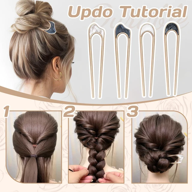 Alt view image 6 of 7 - 4PCS U Shaped Hair Fork,French Hair Pins for Women,Metal Vintage Hair Sticks for French Twist Hair,Hairstyle Chignon of Elegant Hairstyles Accessories