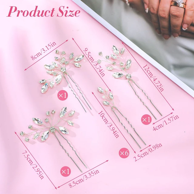 Alt view image 3 of 7 - 9 PCS Bride Wedding Hair Pins, Rhinstones Bride Hair Pins Bridal Crystal Hairs Accessories HairJewelry Wedding Silver HairPiece for Women Girls Brides Bridesmaids