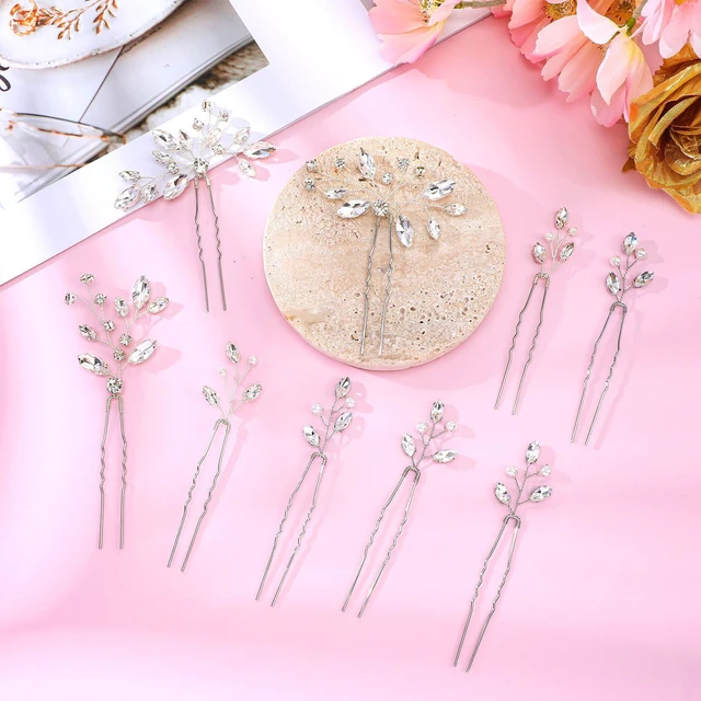 Alt view image 7 of 7 - 9 PCS Bride Wedding Hair Pins, Rhinstones Bride Hair Pins Bridal Crystal Hairs Accessories HairJewelry Wedding Silver HairPiece for Women Girls Brides Bridesmaids