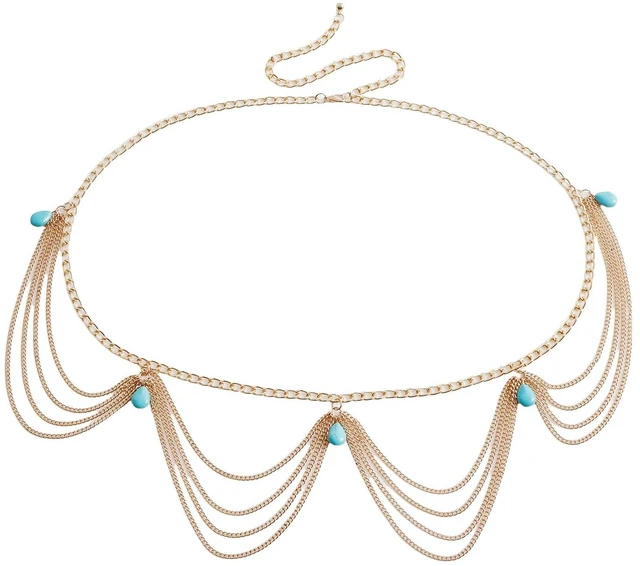 Main image of Bohemian Retro Turquoise Body Chain - Adjustable Vintage Body Jewelry for Women, Wedding Beach Festival Accessory, Premium Alloy with Teal Green Stone, Lightweight Comfort for All Body Types