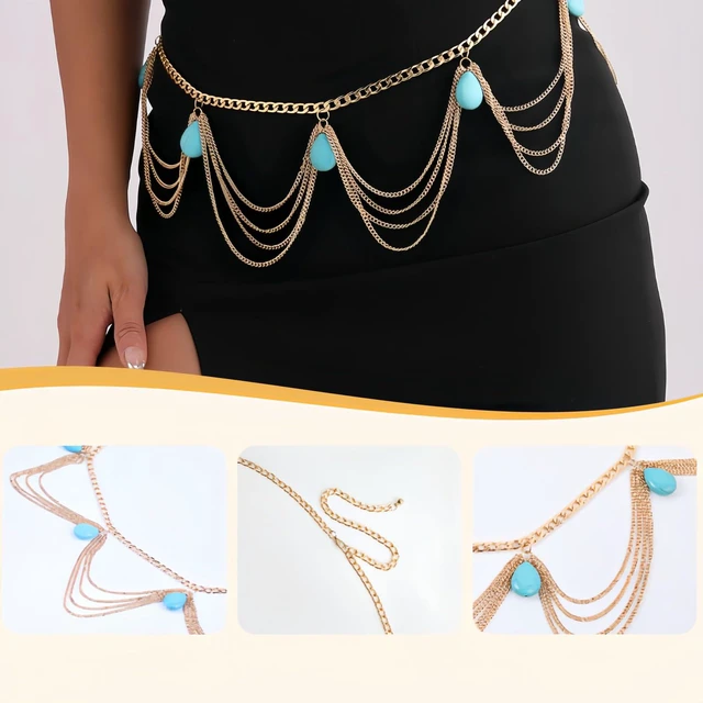 Alt view image 3 of 7 - Bohemian Retro Turquoise Body Chain - Adjustable Vintage Body Jewelry for Women, Wedding Beach Festival Accessory, Premium Alloy with Teal Green Stone, Lightweight Comfort for All Body Types