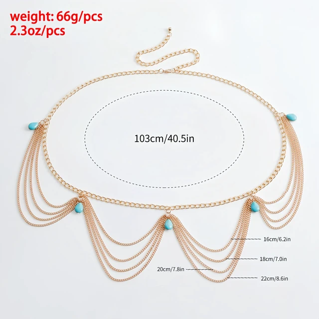 Alt view image 2 of 7 - Bohemian Retro Turquoise Body Chain - Adjustable Vintage Body Jewelry for Women, Wedding Beach Festival Accessory, Premium Alloy with Teal Green Stone, Lightweight Comfort for All Body Types