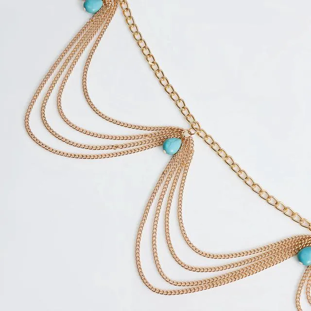 Alt view image 7 of 7 - Bohemian Retro Turquoise Body Chain - Adjustable Vintage Body Jewelry for Women, Wedding Beach Festival Accessory, Premium Alloy with Teal Green Stone, Lightweight Comfort for All Body Types