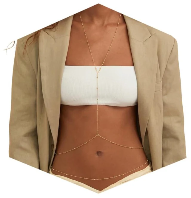 Main image of 14K Gold Plated Body Chain for Women, Rhinestone Layered Belly Waist Chain, Adjustable Crossover Bikini Bra Body Jewelry with Extension Chain(Beads)