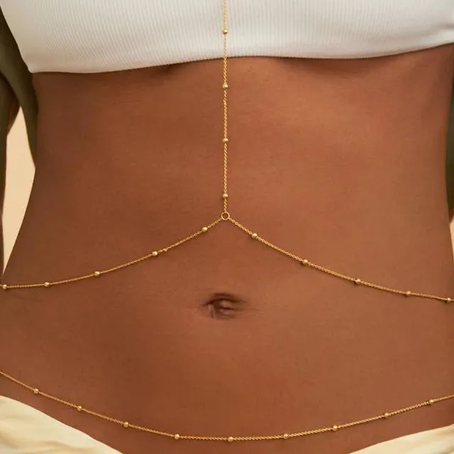 Alt view image 4 of 6 - 14K Gold Plated Body Chain for Women, Rhinestone Layered Belly Waist Chain, Adjustable Crossover Bikini Bra Body Jewelry with Extension Chain(Beads)