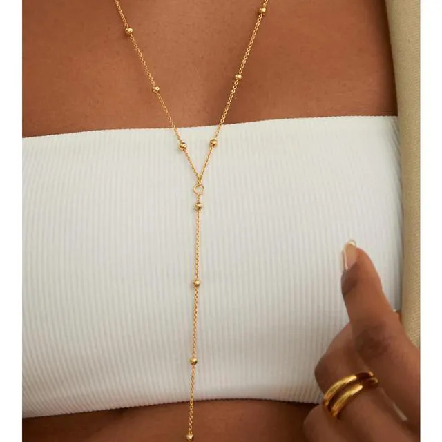 Alt view image 5 of 6 - 14K Gold Plated Body Chain for Women, Rhinestone Layered Belly Waist Chain, Adjustable Crossover Bikini Bra Body Jewelry with Extension Chain(Beads)