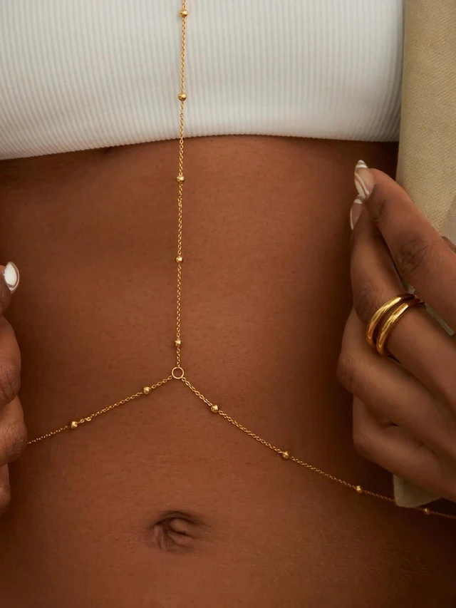 Alt view image 6 of 6 - 14K Gold Plated Body Chain for Women, Rhinestone Layered Belly Waist Chain, Adjustable Crossover Bikini Bra Body Jewelry with Extension Chain(Beads)