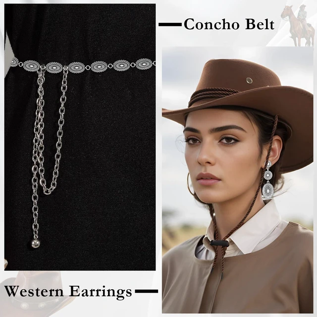 Alt view image 2 of 6 - Trinckle Cowgirl Costume Accessories Western Belt for Women Concho Belt | Silver Cowgirl Jewelry Set with Western Earrings, Matching Country Concert Outfit, Vintage Cowboy Earring as Boho Accessories