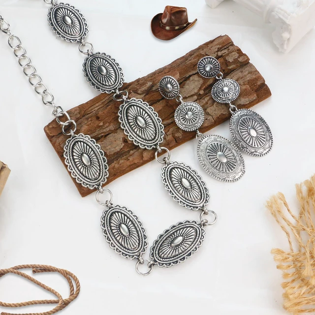 Alt view image 3 of 6 - Trinckle Cowgirl Costume Accessories Western Belt for Women Concho Belt | Silver Cowgirl Jewelry Set with Western Earrings, Matching Country Concert Outfit, Vintage Cowboy Earring as Boho Accessories