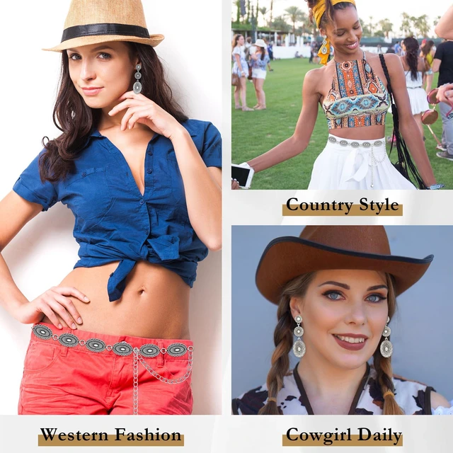 Alt view image 6 of 6 - Trinckle Cowgirl Costume Accessories Western Belt for Women Concho Belt | Silver Cowgirl Jewelry Set with Western Earrings, Matching Country Concert Outfit, Vintage Cowboy Earring as Boho Accessories