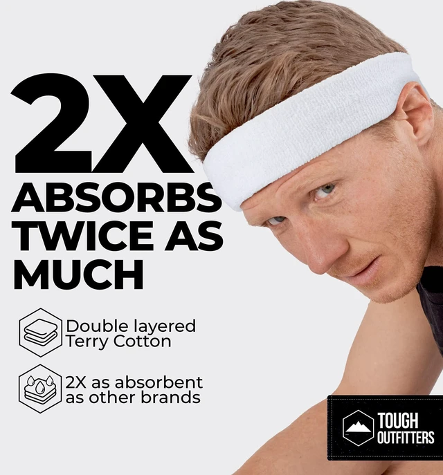 Alt view image 2 of 7 - Tough Headwear Terry Cloth Headband - Sweat-Wicking Running Head Band - Basketball Accessories - Headband for Washing Face - White