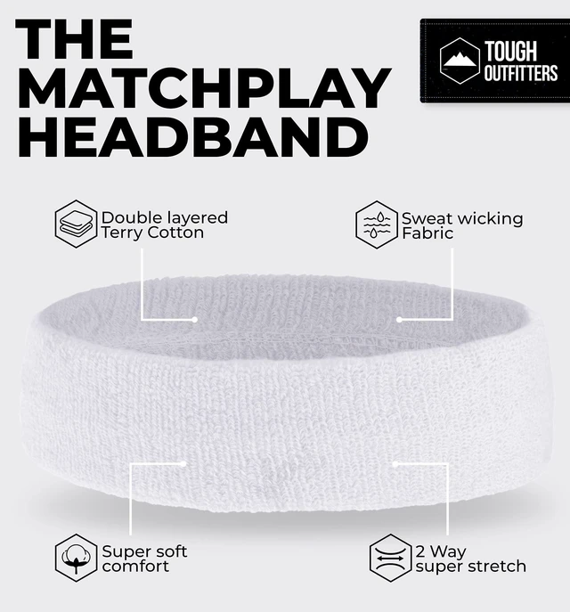 Alt view image 3 of 7 - Tough Headwear Terry Cloth Headband - Sweat-Wicking Running Head Band - Basketball Accessories - Headband for Washing Face - White