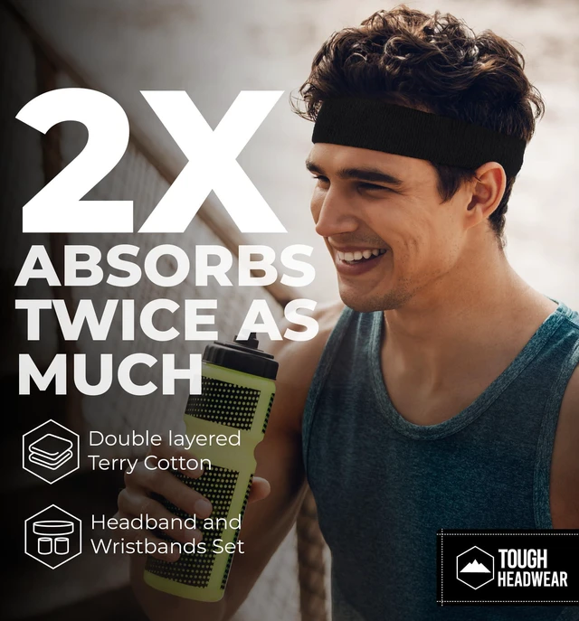 Alt view image 2 of 7 - Tough Headwear Terry Cloth Headband - Sweat-Wicking Running Head Band - Basketball Accessories - Headband for Washing Face - Black