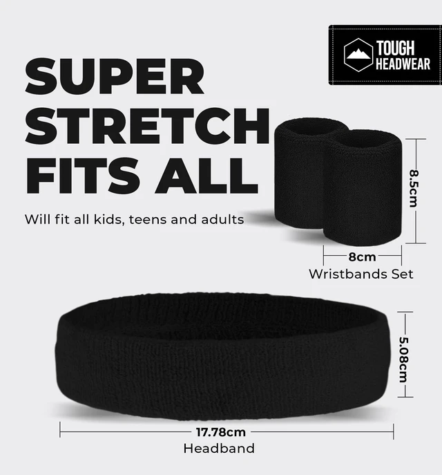 Alt view image 3 of 7 - Tough Headwear Terry Cloth Headband - Sweat-Wicking Running Head Band - Basketball Accessories - Headband for Washing Face - Black