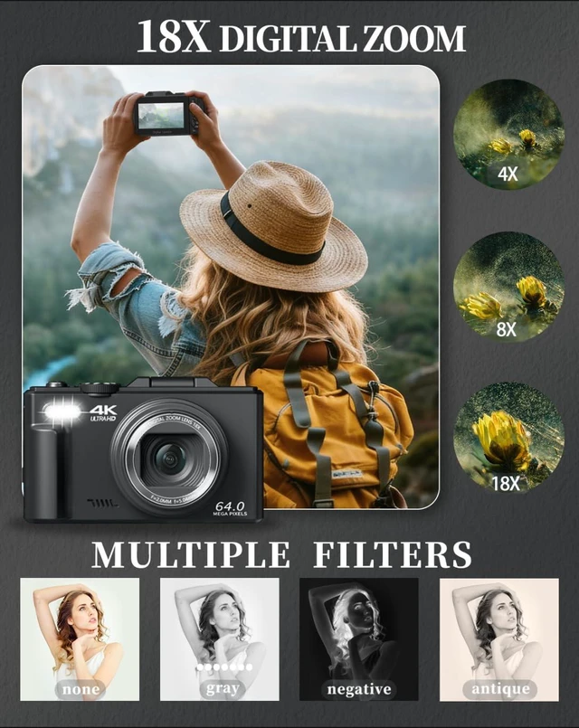 Alt view image 6 of 7 - 4K Digital Camera for Beginners & Teens, Autofocus Vlogging Camera with 180° Flip Screen, 18X Zoom, Easy-to-Use Compact Travel Camera, WiFi, 2 Batteries, 32GB Card