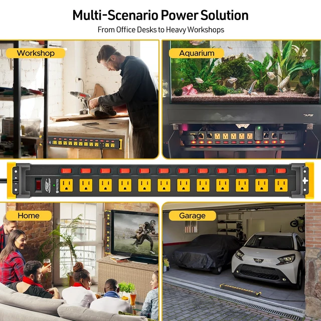 Alt view image 3 of 7 - 12-Outlet Heavy Duty Power Strip with Individual Switches 15FT Cord 15A/1875W, Wide Spacing for Bulky Plugs, 1020J Surge Protector Power Strip with Cable Management for Garage Home Workshop