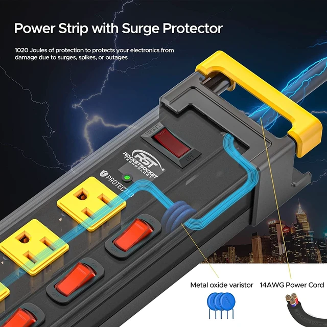Alt view image 5 of 7 - 12-Outlet Heavy Duty Power Strip with Individual Switches 15FT Cord 15A/1875W, Wide Spacing for Bulky Plugs, 1020J Surge Protector Power Strip with Cable Management for Garage Home Workshop