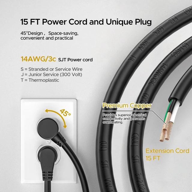 Alt view image 7 of 7 - 12-Outlet Heavy Duty Power Strip with Individual Switches 15FT Cord 15A/1875W, Wide Spacing for Bulky Plugs, 1020J Surge Protector Power Strip with Cable Management for Garage Home Workshop
