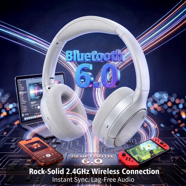 Alt view image 3 of 7 - Noise Cancelling Headphones - Bluetooth 6.0 Wireless Over Ear Headphones with -35dB ANC, 66H Playtime, Dual Device Pairing, Transparency Mode, Low Latency Game Mode, AUX, Type-C, for Daily