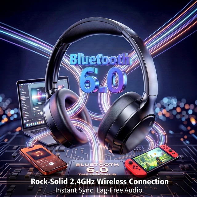 Alt view image 3 of 7 - Bluetooth 6.0 Noise Cancelling Headphones - Over Ear Headphones with -35dB ANC, 66H Playtime, Dual Device Pairing, Transparency Mode, Low Latency Game Mode, AUX, Type-C, for Daily, Gaming